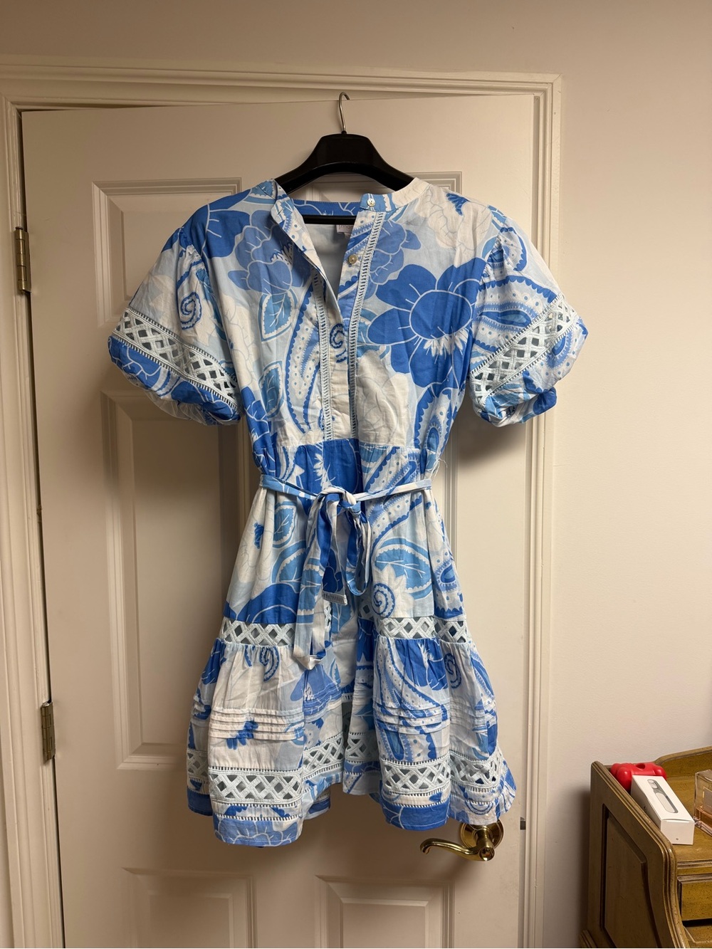Blue Floral Tiered Midi Dress with Tie Belt
